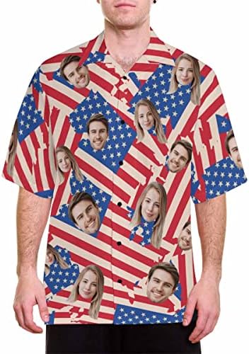 Personalized Hawaiian Shirt for Men Women, American Flag Custom Photo Face Short Sleeves Shirts