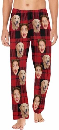Personalized Photo Face Pajama Pants for Men Custom Red and Black Plaid…