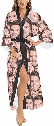Custom Long Robes for Women Funny Face Personalized Party Satin Kimono…