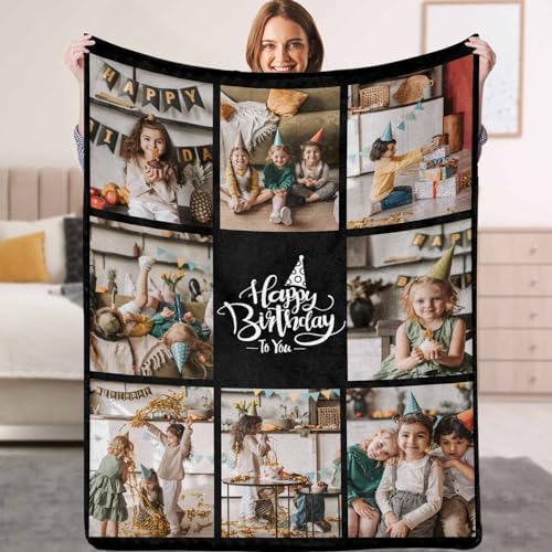 Custom Happy Birthday Blanket with Pictures Text Personalized Flannel…