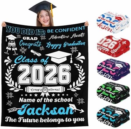 Custom Graduation Gifts Blanket with Photo White Blue Personalized Class…