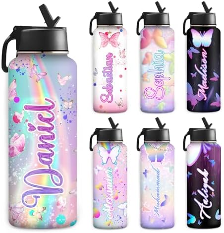 Personalized Kids Water Bottle with Straw & Lid, 18/32 oz Custom Stainless Steel Sports Water Bottle with Name Butterflies Insulated Handle Waterbottle Birthday Gift for Girls Boys School