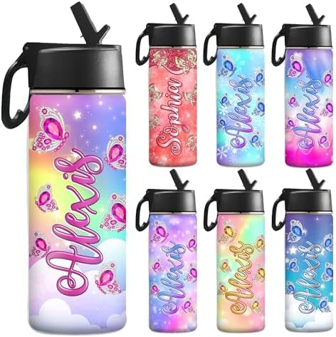 Personalized Kids Water Bottle with Straw & Lid, 18/32 oz Custom Stainless Steel Sports Bottle with Name Butterfly Insulated Handle Waterbottle Birthday Gift for Girls Boys School