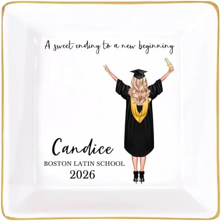 Personalized Jewelry Dish Graduation Gifts for Her 2026 Custom Trinket Tray Customized Ceramic Ring Plate Graduation Gift for Sister, Daughter or Best Friend High School College Graduate Style 01
