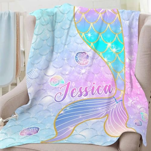 Personalized Baby Blanket for Girls, Custom Mermaid Baby Blanket for Infant Toddler Customized Name Nursery Bed Blanket for Kids