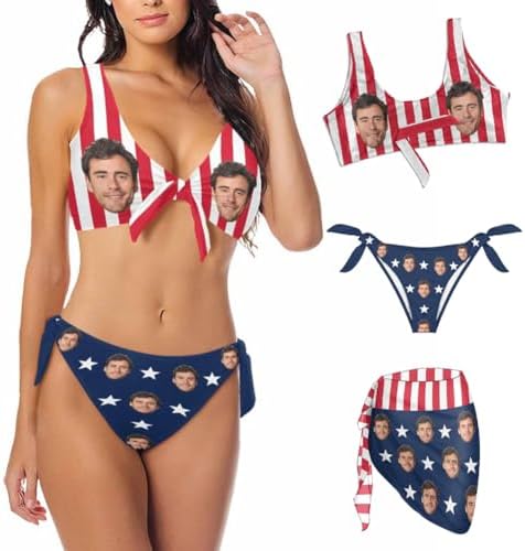 Custom Face Swimsuit for Women, Funny Faces America Flag Bikini