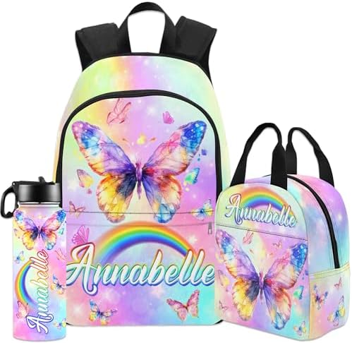 Custom Butterfly Backpacks for Girls Boys Kids Personalized Name Backpack with Lunch Box, Insulated Water Bottle Back to School Gifts Bookbag Set School Bags for Students Pink