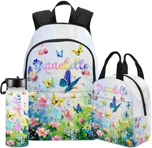 Custom Butterfly Backpacks for Girls Boys Kids Personalized Name Backpack with Lunch Box, 18OZ Insulated Water Bottle Back to School Gifts Bookbag Set School Bags for Students