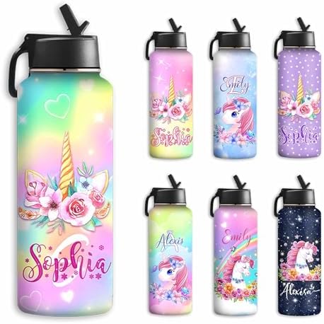 Custom Girls Kids Water Bottle 18oz Pink Flower Personalized Stainless…