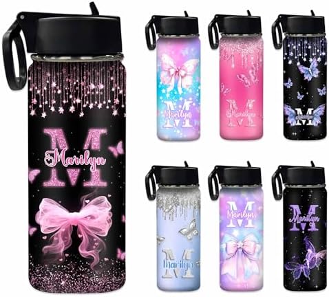 Personalized Girls Water Bottle 18oz Pink Butterfly Custom Stainless…
