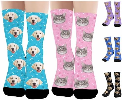 Custom Face Socks Customized Novelty Crew Sock for Dog Cat Lover Blue…