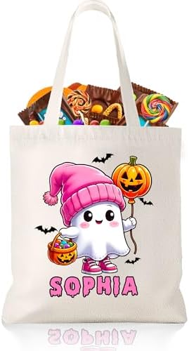 Custom Halloween Trick or Treat Bags Personalized Halloween Tote Bags with Name Reusable Candy Canvas Bag for Kids Adults Gift Party…