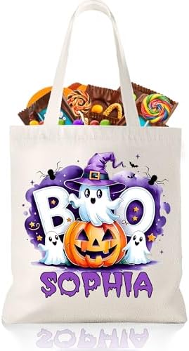 Custom Halloween Trick or Treat Bags Personalized Halloween Tote Bags with Name Reusable Candy Canvas Bag for Kids Adults Gift Party Supplies Design 13