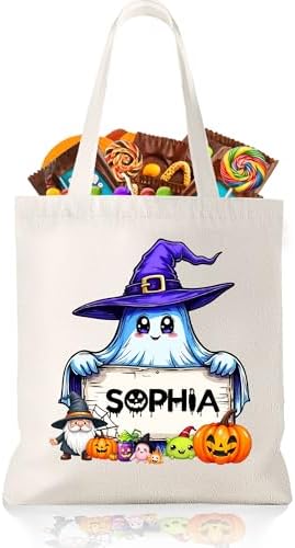 Custom Halloween Trick or Treat Bags Personalized Halloween Tote Bags with Name Reusable Candy Canvas Bag for Kids Adults Gift Party Supplies Design 04