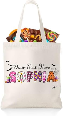 Custom Halloween Trick or Treat Bags Personalized Halloween Tote Bags with Name Reusable Candy Canvas Bag for Kids Adults Gift Party Supplies Design 02