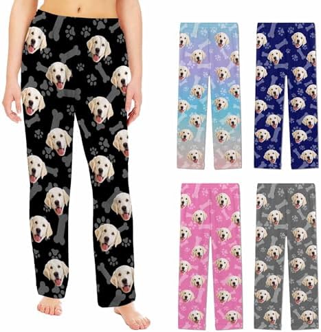 Custom Pajama Pants with Photo, Personalized Pet Face Pajamas Bottom Womens Pajama Pants Valentine's Day Birthday for Mom Girlfriend Lover Black Dog Bone