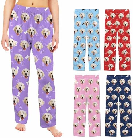 Custom Pajama Pants with Photo, Personalized Pet Face Pajamas Bottom Womens Pajama Pants Valentine's Day Birthday for Mom Girlfriend Lover Purple Bone