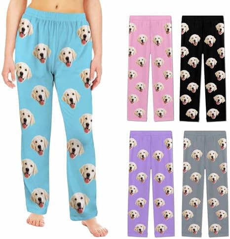 Custom Pajama Pants with Photo, Personalized Pet Face Pajamas Bottom Womens Pajama Pants Valentine's Day Birthday for Mom Girlfriend Lover Blue