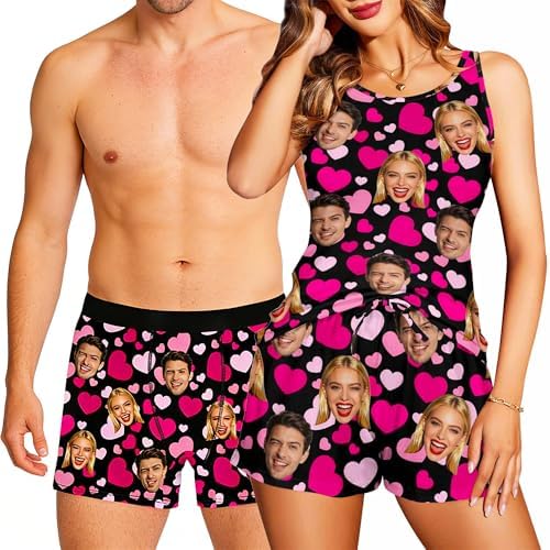 Custom Pajamas Set for Women Tank and Shorts Personalized Face Sleeveless Sleepwear Pjs 2 Piece Lounge Set Black Heart