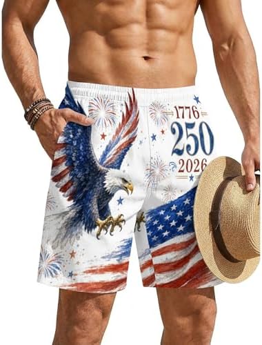 American Flag Swim Trunks for Men 4th of July Patriotic 250th Anniversary Beach Shorts 1776-2026 Quick…