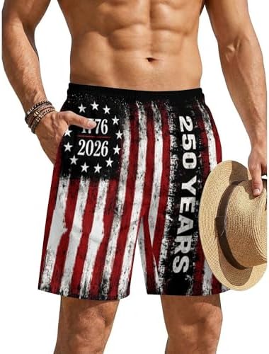 American Flag Swim Trunks for Men 4th of July Patriotic 250th Anniversary Beach Shorts 1776-2026 Quick Dry Beach Shorts Gifts for Independence Day Style 01-XL