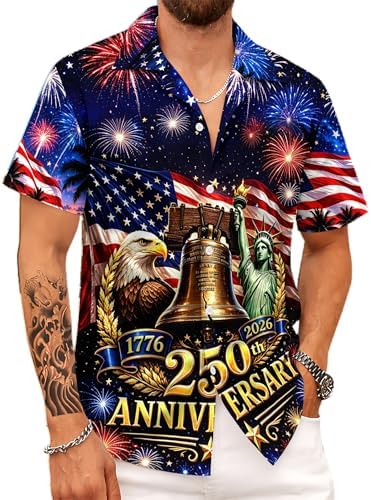 Men's 250th Anniversary Hawaiian Shirt 1776-2026, USA Patriotic American Flag Button Down Short Sleeve Summer Aloha Shirts for Independence Day Style 28