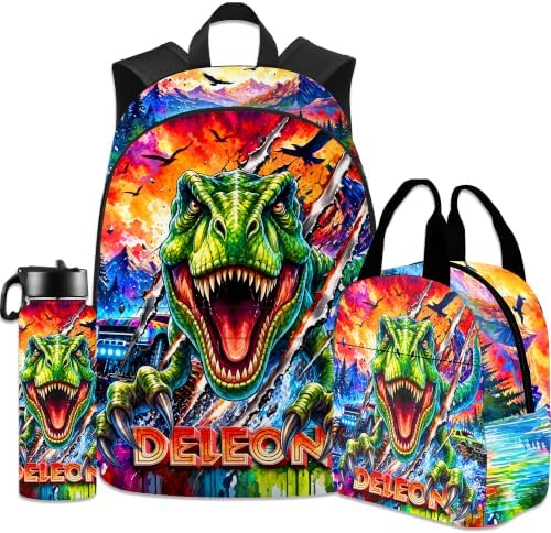 Custom Kids Backpack for Girls Boys, Personalized Dinosaur School Backpack with Lunch Bag Set