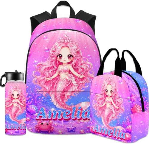 Custom Kids Backpack for Girls Boys, Personalized School Backpack with Lunch Bag Set, Elementary School Book Bag for Preschool Kindergarten Students, Back to School Gift Mermaid