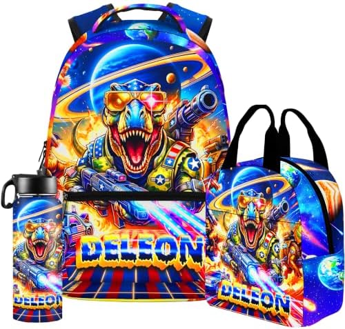 Personalized Dinosaur Backpack for Boys, Custom Kids Backpacks with Lunch Box Set, Back to School Bookbag for Elementary Kindergarten School Bag Gift D01