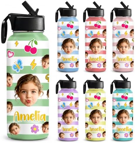 Personalized Kids Water Bottles with Name Photo Stainless Steel 18 oz
