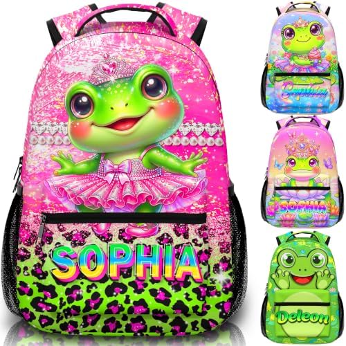 Personalized Backpack for Girls with Custom Name, Kids School Frog Backpacks for Preschool Kindergarten Elementary School Bag