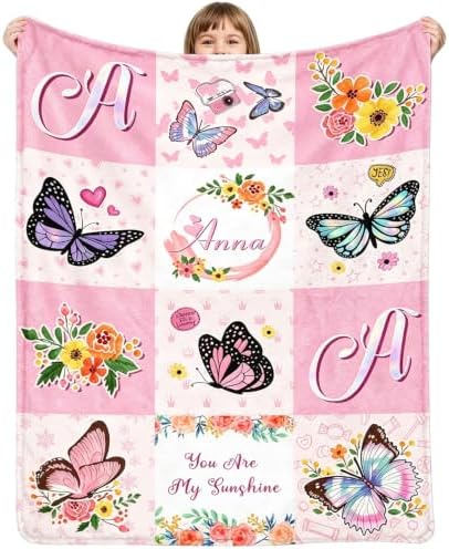 Personalized Butterfly Blanket with Name and Initial for Girls Kids