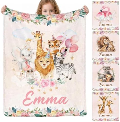 Custom Name Baby Blanket for Girls Boys Personalized Safari Animals…