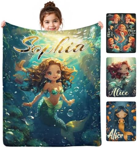 Personalized Mermaid Blanket with Name for Girls Kids