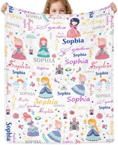Personalized Princess Blanket with Name for Girls Kids, Custom Cute Fairy Princess Castle Soft Fleece Throw Blanket