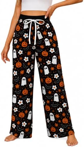 Women's Halloween Pajama Pants, Spooky Pumpkin Ghost Bat Sleep Pants