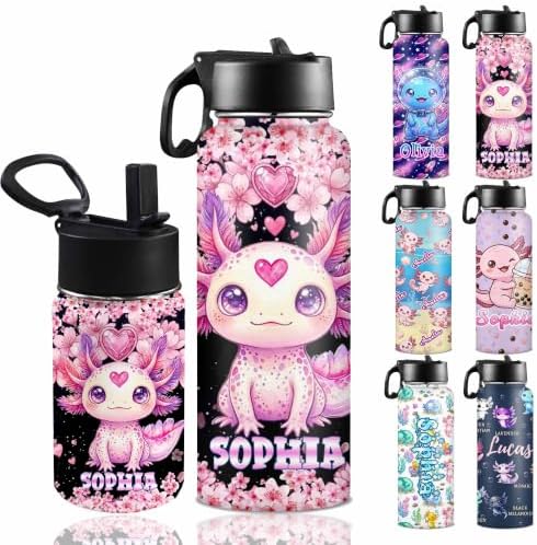 Custom Axolotl Cherry Blossom Sports Water Bottle With Straw Lid