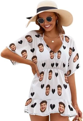 Custom Face Women's Beach Cover Ups Personalized Flowers American Flag…