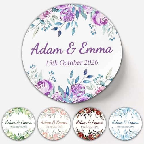 Custom Floral Wedding Round Stickers Personalized Couple Name Favor…