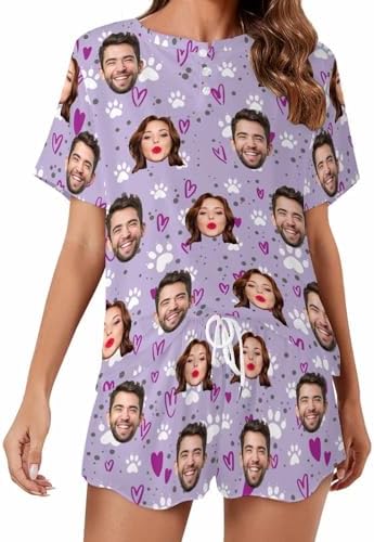 Custom Womens Pajamas Set Purple Personalized Face Lounge Sets Short…