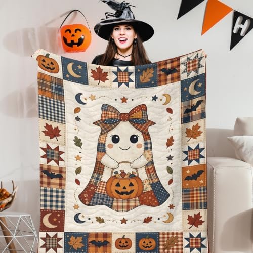 Cute Halloween Ghost Check Plaid Blanket (Halloween 06)