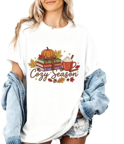 Fall Leaves Book Pumpkin Cozy Season T-Shirt