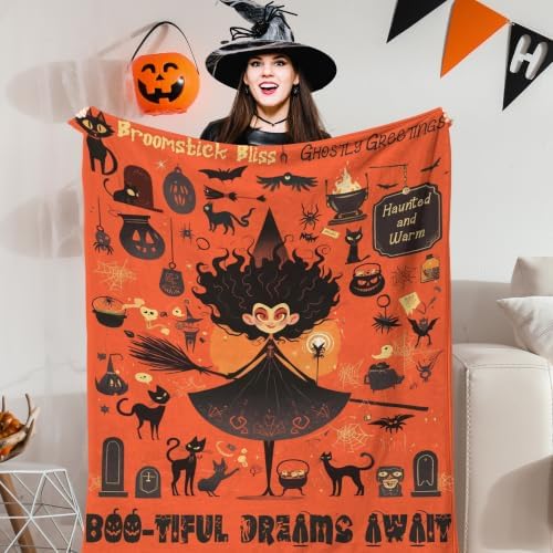 Halloween Blanket, Witch Ghost Fleece Throw Blanket for All Season