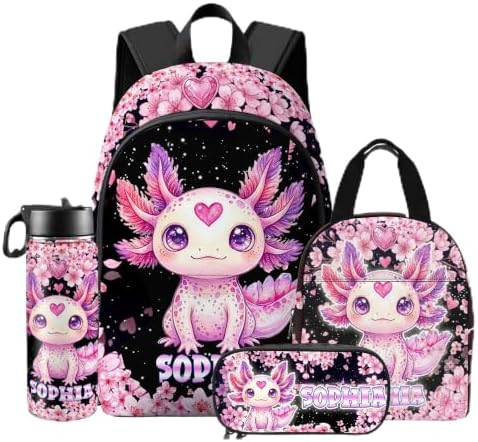 Personalized Axolotl Backpacks for Girls Boys Custom Kids Animal Monogram School Bookbag with Name