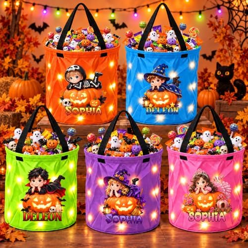 Personalized Halloween Basket Trick or Treat Bucket with LED Lights Bags