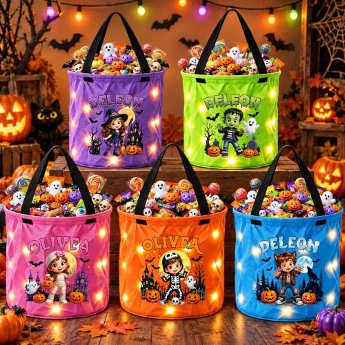 Personalized Halloween Trick or Treat Bag LED Lights Buckets, Kids Baskets