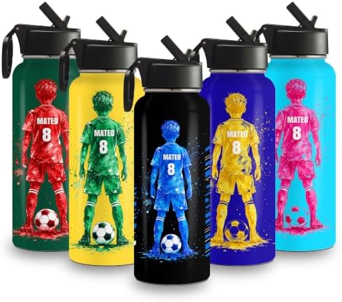 Personalized Kids Water Bottle with Name Soccer Stainless Steel 18 oz