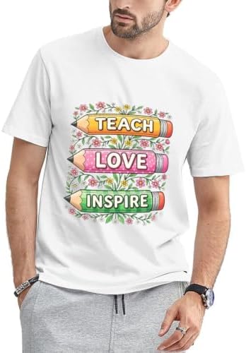 Teach Love Inspire Teacher T-Shirt, Mens Graphic Print Short Sleeves, Welcome Back to School Shirts for Men Women